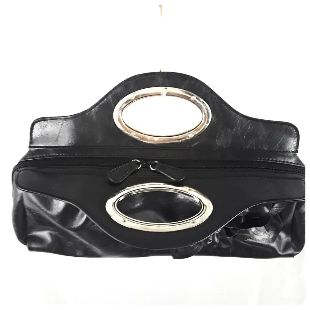 NICOLE MILLER Black Faux Leather Clutch Purse with Flowers Vegan Leather